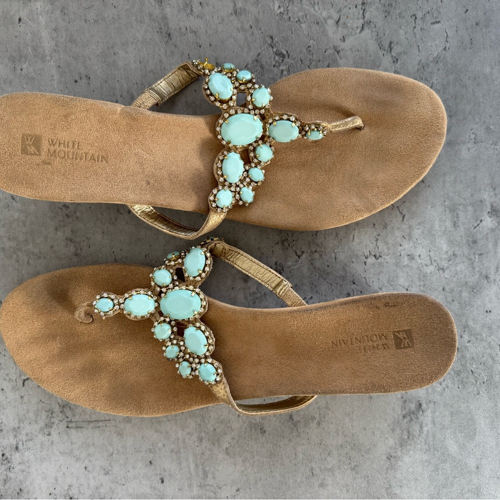 White Mountain Tan and Blue Sandals with Floral Accents